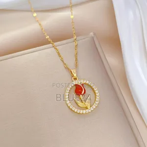 Tulip and Rose Pendant Necklace with Hollow Circle Design - 4