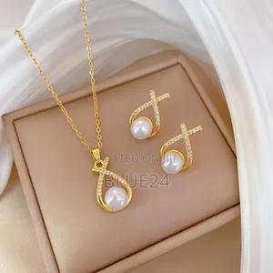 Stainless Steel Micro-Inlaid Pearl Necklace Earring Set