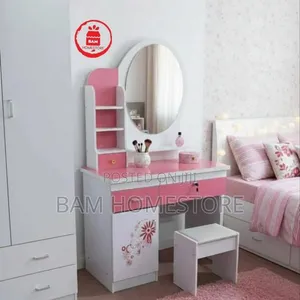 Modern White Dressing Table with Oval Mirror and Stool - 2