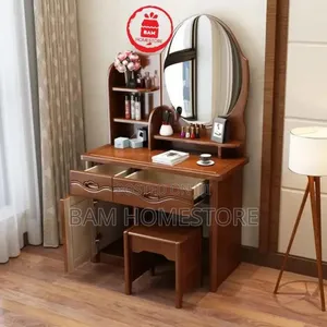 Modern White Dressing Table with Oval Mirror and Stool - 3