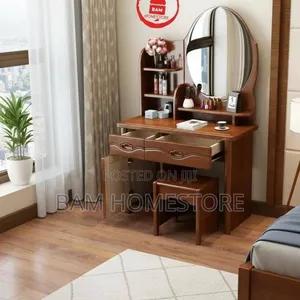 Modern White Dressing Table with Oval Mirror and Stool - 4
