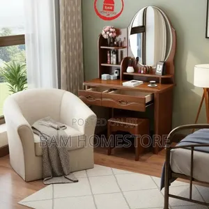Modern White Dressing Table with Oval Mirror and Stool - 5