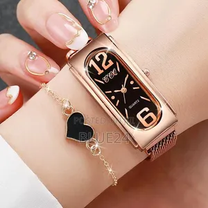 2-Piece Rectangular Women's Quartz Watch Set with Magnetic Buckle